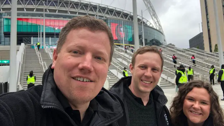 Three of the Football in Berkshire team reporting from Wembley Stadium. Left to right: Tom Canning, Rob Davies, Abi Ticehurst.